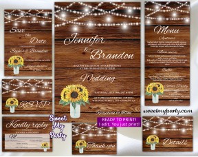 Sunflowers Wedding Invitation suite,Mason jar Wedding invitation suite,(94w)